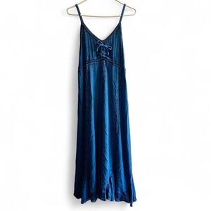 Sakkas Blue rayon maxi dress with lace and bead detail and tie front